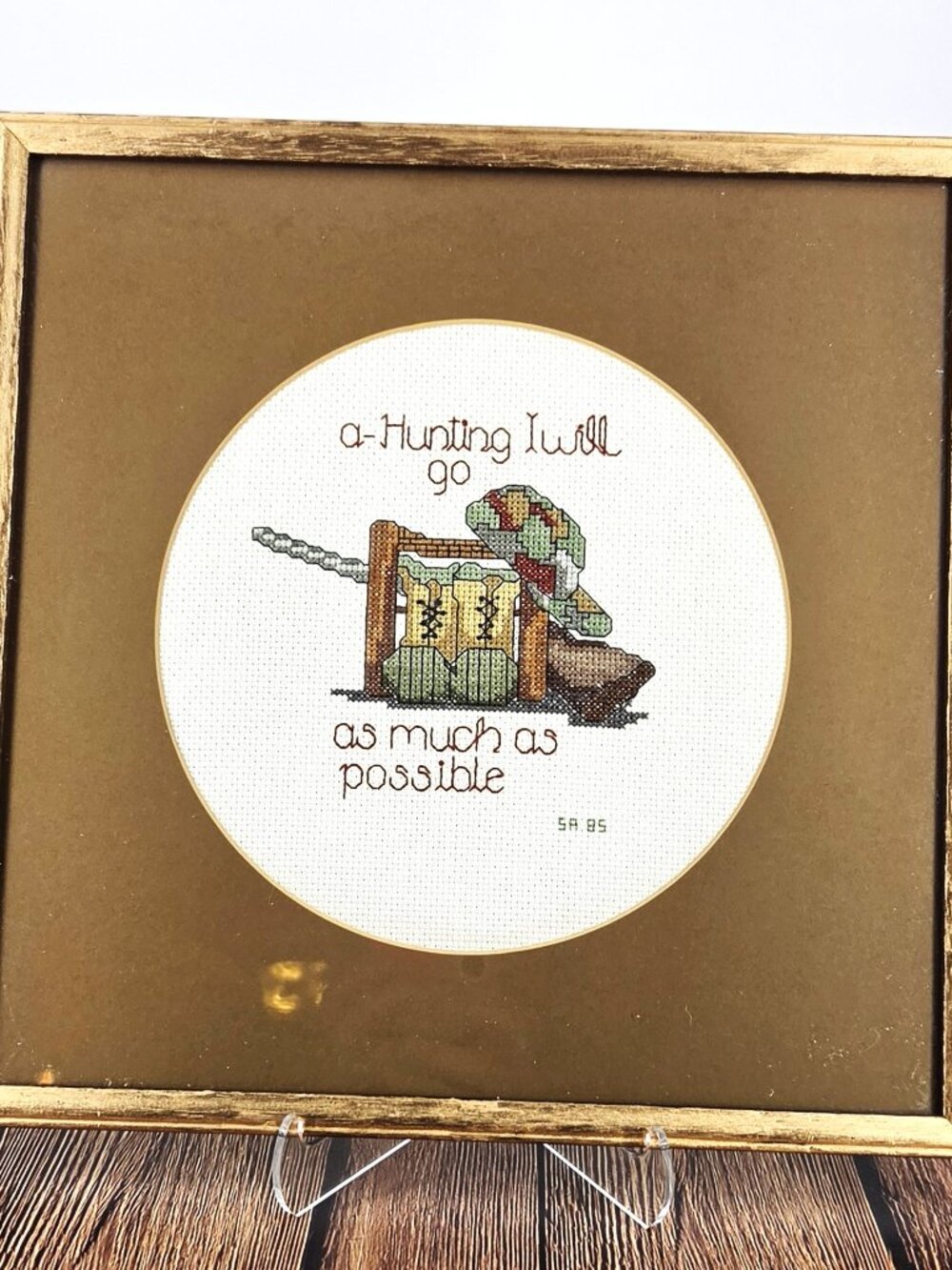 1985 Hand Made Cross Stitch "A Hunting I Will Go.." Matted Gold Wood Frame 12"